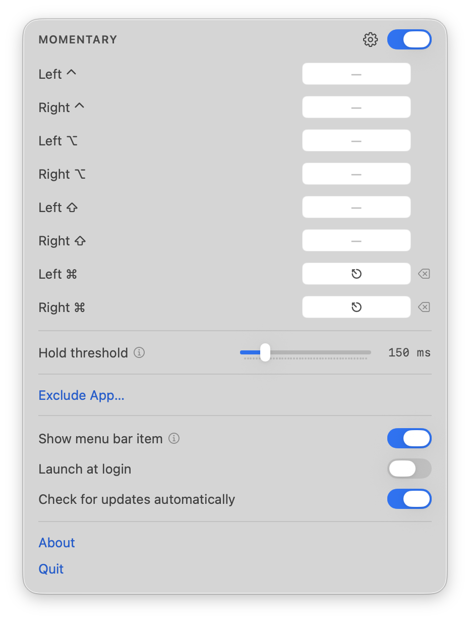 Momentary's menu bar panel, opened out: a row for each of ⌃ ⌥ ⇧ ⌘ with the left and
                right side listed separately, both Command rows sending ⎋ and the rest empty; a hold
                threshold of 150 ms; Exclude App…; and switches for the menu bar item, launching at
                login and automatic updates.